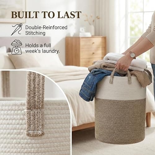 JMvicyroam Large Woven Laundry Basket Hamper,60L Cotton Rope Storage Bin for Blankets,Toys and Clothes,Decorative Tall Nursery Hamper for Living Room,Baby Nursery,Bathroom and Bedroom,Brown thumbnail 6