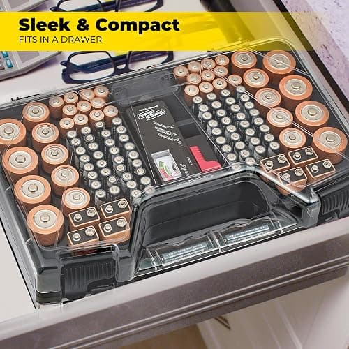 Battery Daddy Storage & Organizer Case w/Tester, Stores & Protects Up to 180 Batteries, Double-Sided, Clear Locking Lid, Secure Latches & Portable Carrying Handle - Charcoal (Batteries Not Included) thumbnail 4