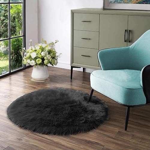 Latepis Black Round Rug 3ft Small Circle Rugs for Bedroom Faux Fur Fluffy Sheepskin Rug Furry Rugs for Living Room Home Décor - Image 1