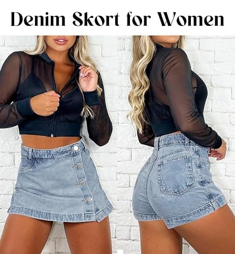 POLIRO Denim Skort for Women Trendy Slit Mini Denim Skirt Casual Stretchy Jean Skirt with Shorts Summer Short Skirt thumbnail 2