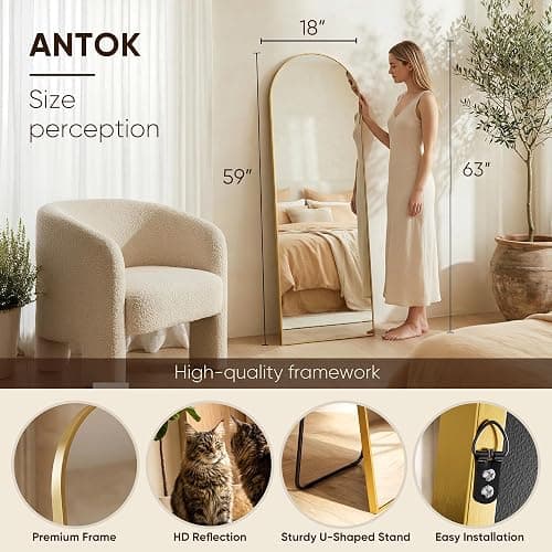 Antok Full Length Mirror, 59"x18" Floor Mirror, Arched Floor Standing Freestanding Arch Full Body Mirrors with Stand for Bedroom, Hanging Mounted for Living Room Cloakroom,Gold thumbnail 4