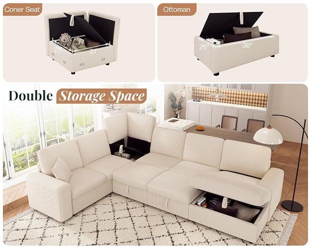 Jocisland Oversized Sofa Bed, 130" Sleeper Sofa, Pull Out Sleeper Couch with Storage, Convertible 6-Seater Sofa Bed for Living Room, Corduroy Beige Couch thumbnail 4