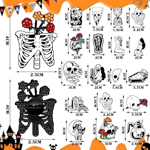 Janinka 20 Pcs Halloween Pins Goth Pin Skull Spooky Skeleton Set Horror Goth Skeleton Flower Brooch Pins Mini Skull Lapel for Christmas Gifts Men Women Bag Jacket Backpack Hat Pant Clothes Accessories thumbnail 2