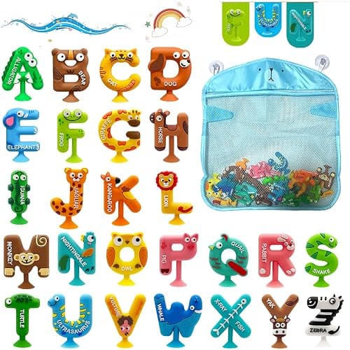 Mold Free Suction Bath Toys for Kids 26PCS, Bathtub Silicone ABC Alphabet Educational Montessori Sensory Toys for Baby/Toddlers, No Hole Animal & Letters Learning Toy with Storage Net for Autism/ADHD - Image 1