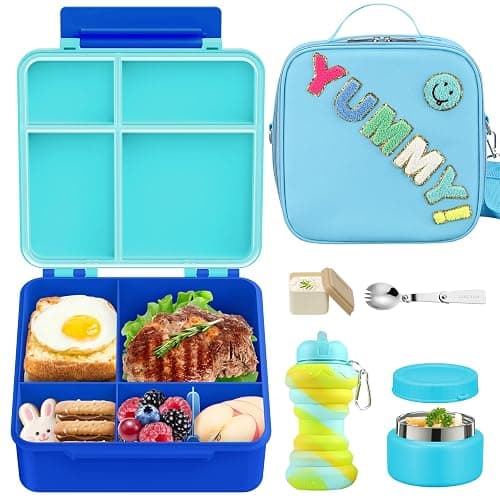 Bento Lunch Box with 10oz Soup Thermo for Kids Insulated Lunch Bag & Foldable Silicone Cup Food Leak Proof Food Container with 5 Compartment for Kid to Shool Travel - Image 1