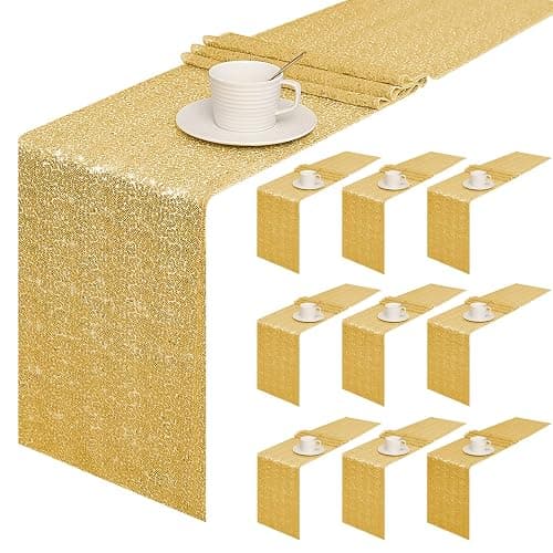 Sugargirl 10 Packs 12 x 72 inches Sequin Table Runner, Glitter Gold Table Runner for Birthday Party Supplies Wedding Holiday Celebration Event Decorations - Image 1