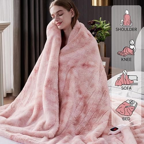 Guohaoi Heated Blanket Electric Throw, Soft Faux Rabbit Fur Electric Blanket with 10 Heating Levels 5 Sitting Timer Auto Off, Dual-Controller Heating Blankets, Machine Washable(84"×90" Pink) thumbnail 2