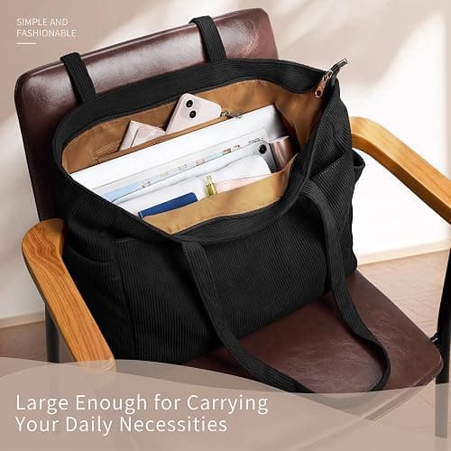 KALIDI Large Corduroy Bag With Zip, Multiple Pockets For Work And College, Simple Solid Colour Style thumbnail 4