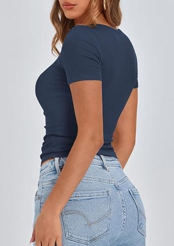 PRETTYGARDEN Women's 2025 Fall Summer Short Sleeve Tops Ribbed Henley Button Slim Fit Basic Casual T Shirts Blouse Clothing thumbnail 2