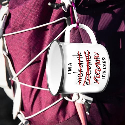 Purple Print House Funny Mechanic Enamel Mug, I Fix Cars Bad Spelling, Mechanic Gifts for Him, Dad Grandad Birthday Automotive Gift, Car Garage Metal Coffee Cup for Hiker, One Size, White thumbnail 4