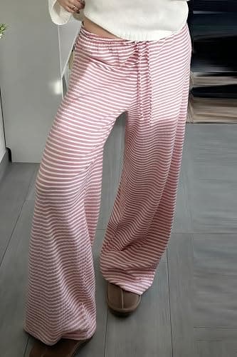 codcm Womens Comfy Pajama Pants Striped Low Waisted Lounge Pants Elastic Waist Drawstring Long Trousers thumbnail 2
