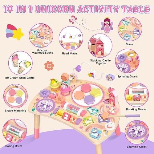 Hewaurorion Wooden Activity Table for Toddlers 1-3, Unicorn 10-in-1 Montessori Busy Board with Bead Maze Shape Matching Gears Clock, Sensory Learning Toys for 1 2 3 Year Old Girls Boys Birthday Gift thumbnail 3