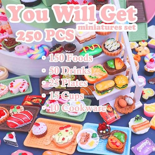 250Pcs Mini Food Miniatures Food Drinks Bottles Toys Doll House Accessories 1:12 Playset Kitchen Game Pretend Play Party Mini Things Stuff Tiny Baking Micro Hamburger Ice Cream Cake Bread thumbnail 2