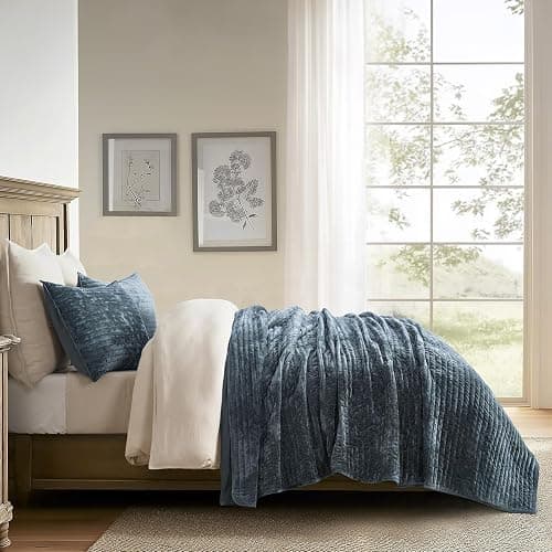 EVERGRACE Velvet Quilt Set King Size, Luxurious Soft Striped Channel Bedding Set, Lightweight Velvet Comforter for All Season, Oversized Bedspread Coverlet with 2 Matching Shams, Stormy Blue thumbnail 5