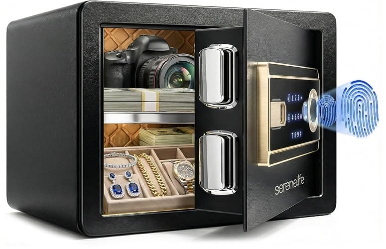 Biometric Fingerprint Safe, Keypad Code Access and Backup Keys, Quick Access Digital Safe for Home or Office, Stores Cash Jewelry etc., Compact, Easy Setup, Solid Metal Build. 13.77D x 9.84W x 9.84H - Image 1