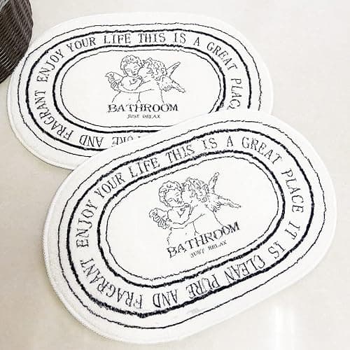 White Cute Oval Bath Rug 20x32in, Machine Washable Soft Angel Bath Mat | Plush carpet aesthetic design, Fun Y2K vintage decor,For shower toilet tub thumbnail 2