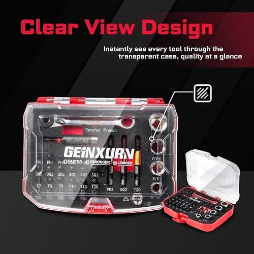 Geinxurn 34 Pieces Tool Kit with Matching Storage Box, Include 1”/2” S2 Steel Magnetic Screwdriver Bits (Phillips/Square/Torx), Socket, Bit Holder and Mini Ratchet Wrech for Home Repairs thumbnail 6