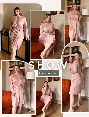 Ekouaer Plus Size Robes for Women Lightweight Bathrobe V Neck Kimono Loungewear Soft Maternity Robes with Pockets 1X-5X thumbnail 5
