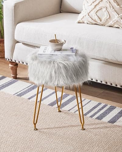 IBUYKE Faux Fur Vanity Stool Chair, Furry Makeup Stool Ottoman, Soft Padded Seat, Round Footrest Footstools with 4 Metal Legs, for Living Room Bedroom Entryway, Gray LG-32G - without storage - Grey thumbnail 9