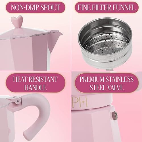 Paris Hilton Stovetop Espresso and Coffee Maker, Italian & Cuban Style Coffee Pot with Iconic Heart Knob, Perfect for Rich Aromatic Espresso, Makes up to 6 Espresso Cups, Pink thumbnail 4