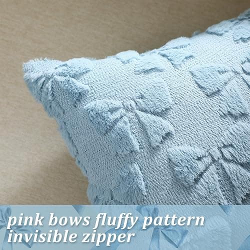 Mixweer Blue Bow Pillow Covers Set of 2 Preppy Room Decor Coquette Cute Spring Summer Decorative Faux Fur Soft Bowknot Stuff Fluffy Plush Aesthetic Pillowcase for Bed Sofa Couch (18 x 18 Inch) thumbnail 3