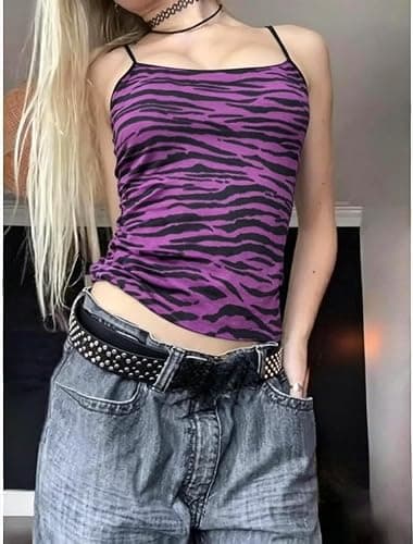 YELLOOP Y2k 2000s Leopard Tank Top Teen Girls Fairy Grunge Floral Sleeveless Crop Top Alt Mcbling Gyaru Emo Scene Clothes (Purple Zebra,Medium) thumbnail 2