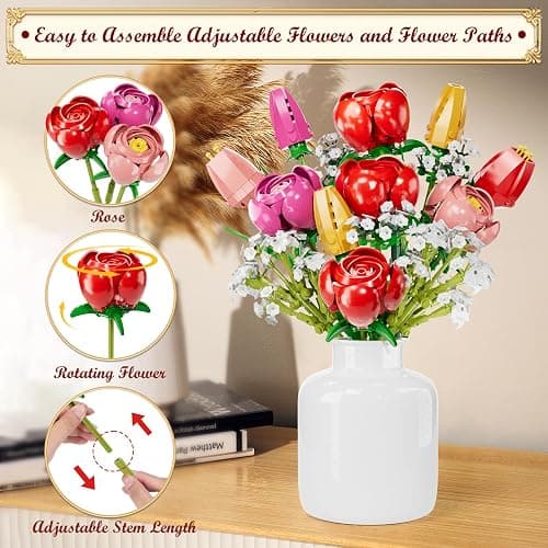 Rose Tulips Flowers Building Blocks Bouquet Set, Red Rose Artificial Flowers for Office or Home Decoration, Valentine's Day, Mother's Day, for Women, Adults, Kids, Girls, No Vase thumbnail 4