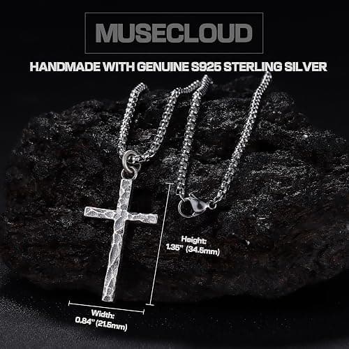 MUSECLOUD 925 Sterling Silver Cross Necklace Men - Oxidized Hammered Cross Pendant with Stainless Steel Box Chain Vintage Unique Crucifix Necklaces Silver Jewelry for Mens Women 18-26 Inches thumbnail 3