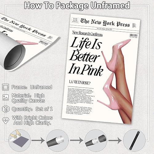 Trendy Baby Pink Poster Funny 70s Posters The New York Press Wall Art Life Is Better in Pink Hot Girl Canvas Prints Preppy Aesthetic Decor for Cool Girly Bedroom Room Home Dorm 16x24inch Unframed thumbnail 2