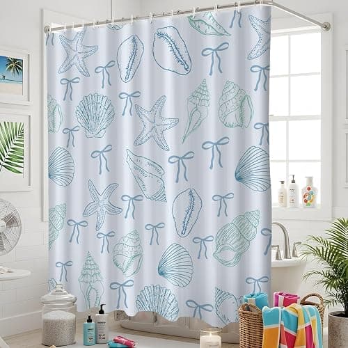 Hillsuren Beachy Shower Curtain Ocean Coastal Nautical Shower Curtain Coquette Blue Bows Starfish Seashell Bath Curtains Waterproof Modern Summer Bathroom Bathtub Decor with 12 Hooks, 72 x 72 Inch thumbnail 5