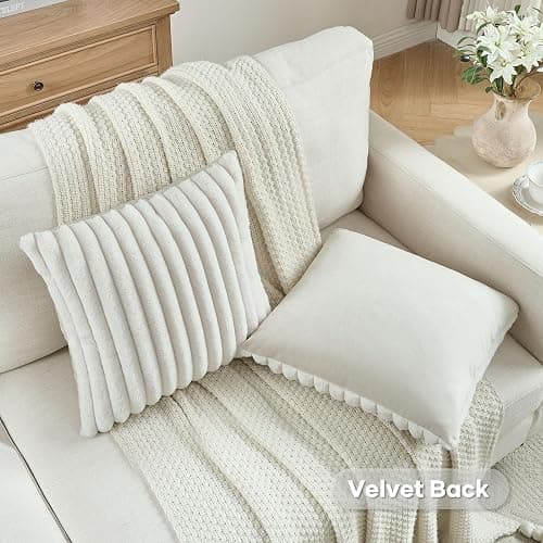 FUTEI Cream White Striped Decorative Throw Pillow Covers 18x18 Inch Set of 2,Square Spring Decorations Couch Pillow Case,Soft Cozy Faux Rabbit Fur & Velvet Back,Modern Home Decor for Bed thumbnail 5