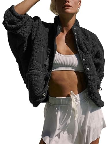 Vimyig Lightweight Cropped Fuzzy Fleece Jacket for Women Winter Warm Sherpa Jackets Coat Outerwear with Pockets - Image 1