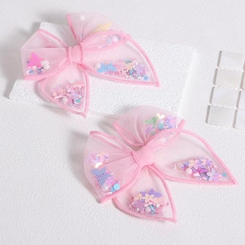 Floral Butterfly Fairy Hair Bow Clips 4" for Girls Women, 2pc Pink Mesh Tulle Shaker Fable Bow Alligator Hairpins, Spring Summer Birthday Wedding Party Dress Accessory Gift thumbnail 2