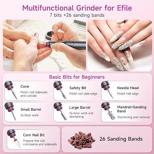 Electric Nail Drill Professional, Portable Nail File for Acrylic Gel Nails, Cordless Rechargeable Ultra Power Nail Drill Kit 40000RPM, HMC320 Salon-Grade Efile Nail Machine (Dark Grey) thumbnail 8
