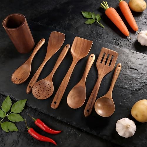Wooden Spoons for Cooking - 8-Piece Wooden Kitchen Utensil Set made of Natural Solid Wood Material-Includes Spoons,Spatulas,Ladles,Mixing Spoon and Utensil Holder,Valentine's Day Gifts thumbnail 4