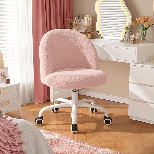 DurayLoly Vanity Chair with Back, Cute Desk Chair with Wheels, Armless Office Chair Height Adjustable, Soft Lumbar Support for Small Space, Bedroom, Gentle Pink thumbnail 6