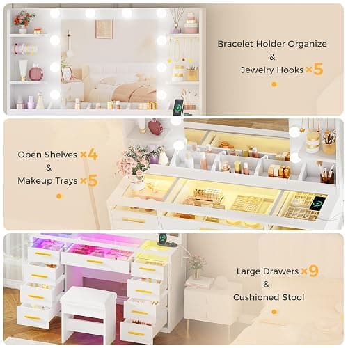 ANWBROAD Vanity Desk with Mirror and Lights 3 Colors Large Makeup Vanity Table Set Transparent Glass Top with 9 RGB Drawers, 4 Shelves Vanity Desk with Stool Power Outlet White Bedroom Women UBDT94W thumbnail 6