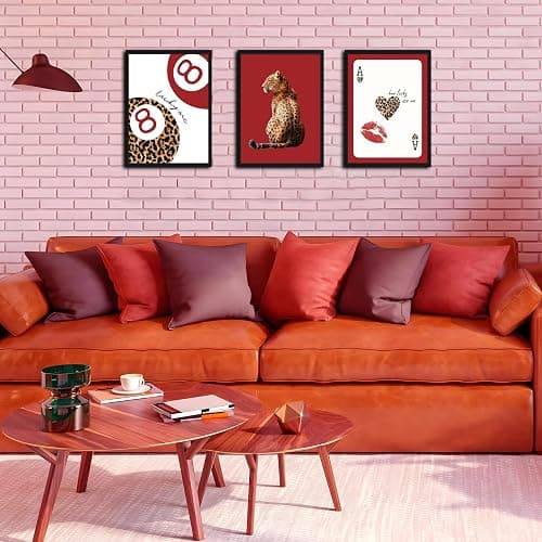 Framed Trendy Leopard Wall Art Set of 3, Red Funky Preppy Cheetah Wall Decor Paintings, Lucky 8 Aesthetic Room Decor Prints Pictures for Girls Bedroom Apartment Dorm 12x16 Inch Black Frame thumbnail 2