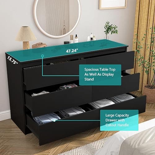 Vibe & Dine 6 Drawer Double Dresser, Modern Chest of Drawers with Wide Storage for Closet, Bedroom, Living Room, Black thumbnail 6