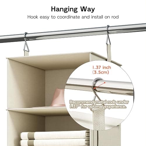 Vailando 6-Shelf Hanging Closet Organizer with 3 Drawers, 2 Separable 3-Shelf Closet Organizers and Storage for Wardrobe Organization, Hanging Dresser for Nursury & Dorm Clothes Organizer, Beige thumbnail 7