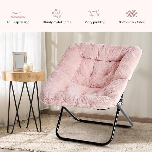 Simple Deluxe Oversized Square Moon Chair for Adults, Soft Faux Fur Folding Lounge Chair with Sturdy Steel Frame, Comfortable Reading Gaming Chair for Living Room, Bedroom, Pink thumbnail 6