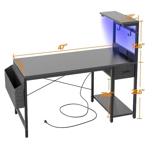 TIQLAB Gaming Desk 47 inch with Power Outlet and LED Light, Computer Desk with Reversible Shelves and Storage Drawer, Small PC Desk for Home Office Table with Bag, Carbon Fiber Black thumbnail 3