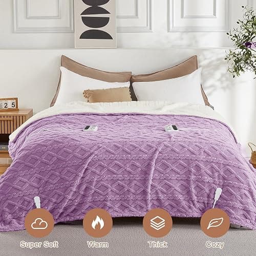 CAROMIO Electric Blanket Queen Size Dual Control - Thick Tufted Sherpa Heated Blanket with 10 Heating Levels and 10 Time Settings, ETL Certified Fast Heating Blanket Queen Size 84"×90", Purple thumbnail 7