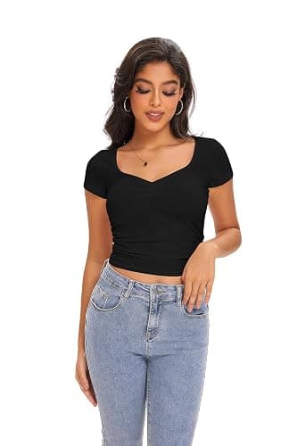 Cioatin Women Cute Sweetheart Neck Short Sleeve Crop Tops Ruched Summer Going Out T Shirt Y2K Clothes Tee Teens thumbnail 4