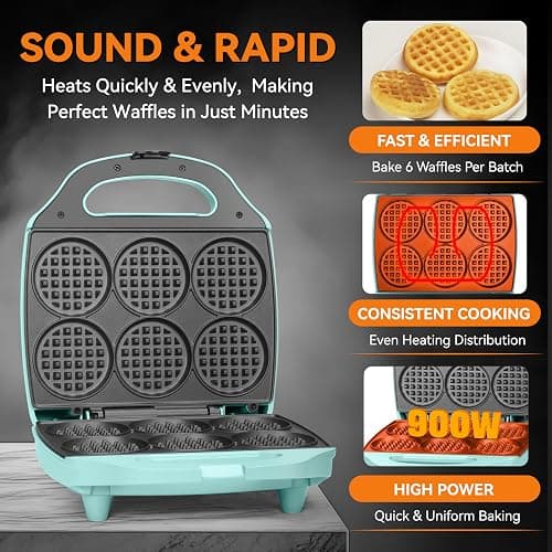 Baker's Friend Multi Mini Waffle Maker Machine, 6 x 3'' Small Waffle Iron, Perfect for Families and Individuals Use, Excellent Choice for Breakfast Brunch Parties & Events, Aqua thumbnail 4