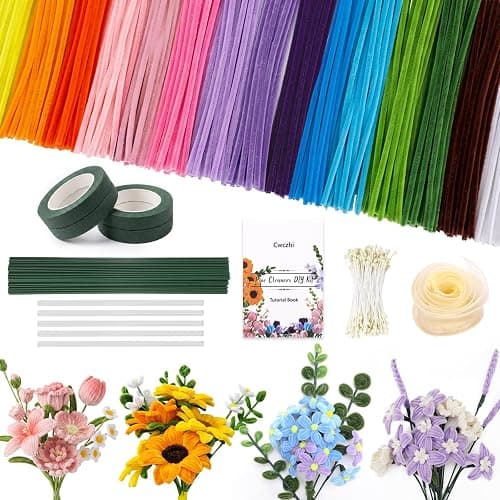 1050 PCS Pipe Cleaner Flower Kit, 15 Assorted Colors Pipe Cleaners Craft,Chenille Stems for DIY Flower Making Kit with Instructions,Floral Wires,Stamen& Ribbon,Art and Craft Supplies - Image 1