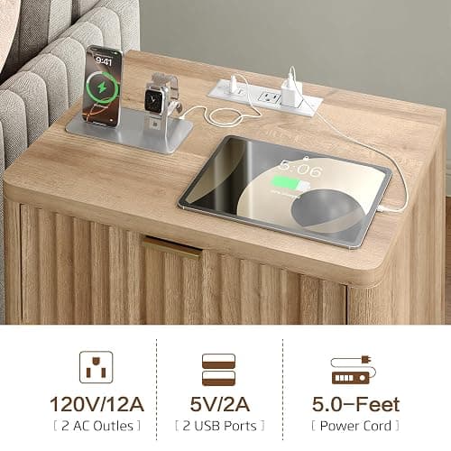 FUSOU Night Stand Set 2, Nightstands with Charging Station & LED Light, Fluted Bedside Table with Drawer Storage, Large Modern Wood Bed Side Table, End Table for Bedroom Living Room Sofa, Oak thumbnail 6