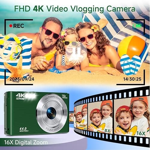 Digital Camera, FHD 4K 44MP Autofocus Compact Digital Cameras for Teens, Green Point and Shoot Camera for Kids with 16X Zoom, 64GB SD Card, Small Digital Camera for Boys Girls Teens Kids Gift thumbnail 3