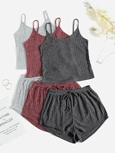GORGLITTER Women's 3 Pack Pajamas Shorts Lounge Set Soft Sleepwear Pjs | Knit, Comfy Sleeveless Crop Top and Tie Front Shorts, Casual Matching Set for Spring Summer Fall thumbnail 5