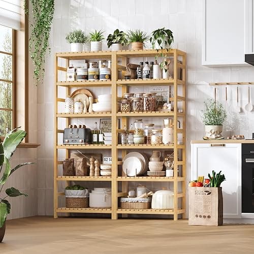 FOTOSOK 6-Tier Bamboo Shelf with Adjustable Shelves, Bamboo Kitchen Cabinet | Tall Bamboo Bookshelf and Plant Shelf with 250-lb Shelf Capacity for Laundry Bathroom Kitchen Pantry Home Office thumbnail 4